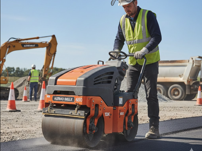 Roller compactor in operation on a construction site